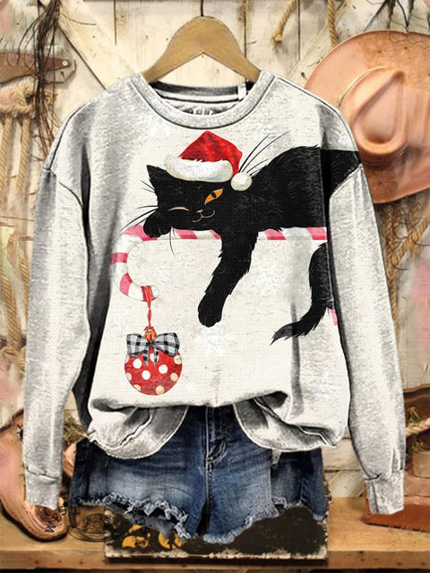 Retro Christmas Cat Art Print Casual Cotton Sweatshirt