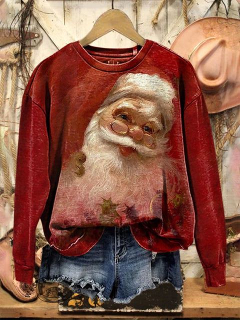 Retro Christmas Santa Claus Art Print Casual Cotton Sweatshirt
