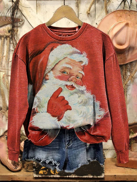 Retro Christmas Santa Claus Art Print Casual Cotton Sweatshirt