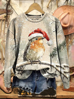 Retro Christmas Brid Art Print Casual Cotton Sweatshirt