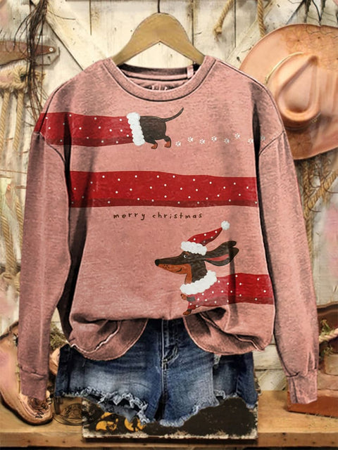 Retro Christmas Dachshund Art Print Casual Cotton Sweatshirt