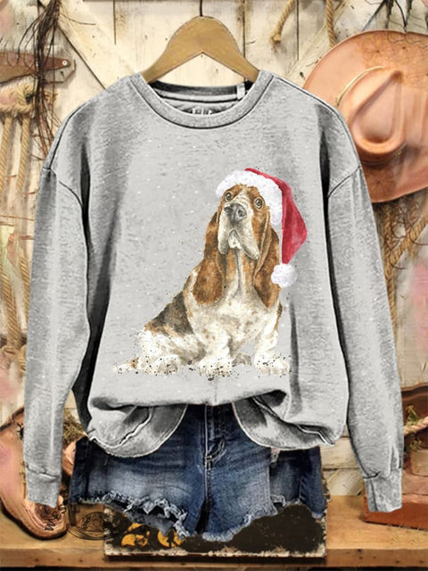 Retro Christmas Dog Art Print Casual Cotton Sweatshirt