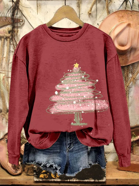 Retro Christmas Tree Art Print Casual Cotton Sweatshirt