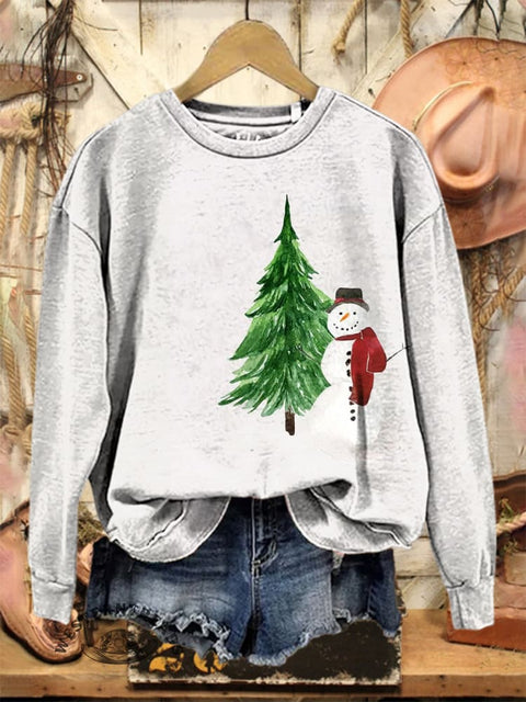 Retro Christmas Snowman Art Print Casual Cotton Sweatshirt