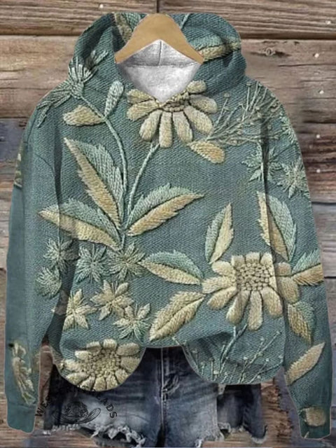 Retro Flowers Print Cotton Casual Hoodie Sweatshirt