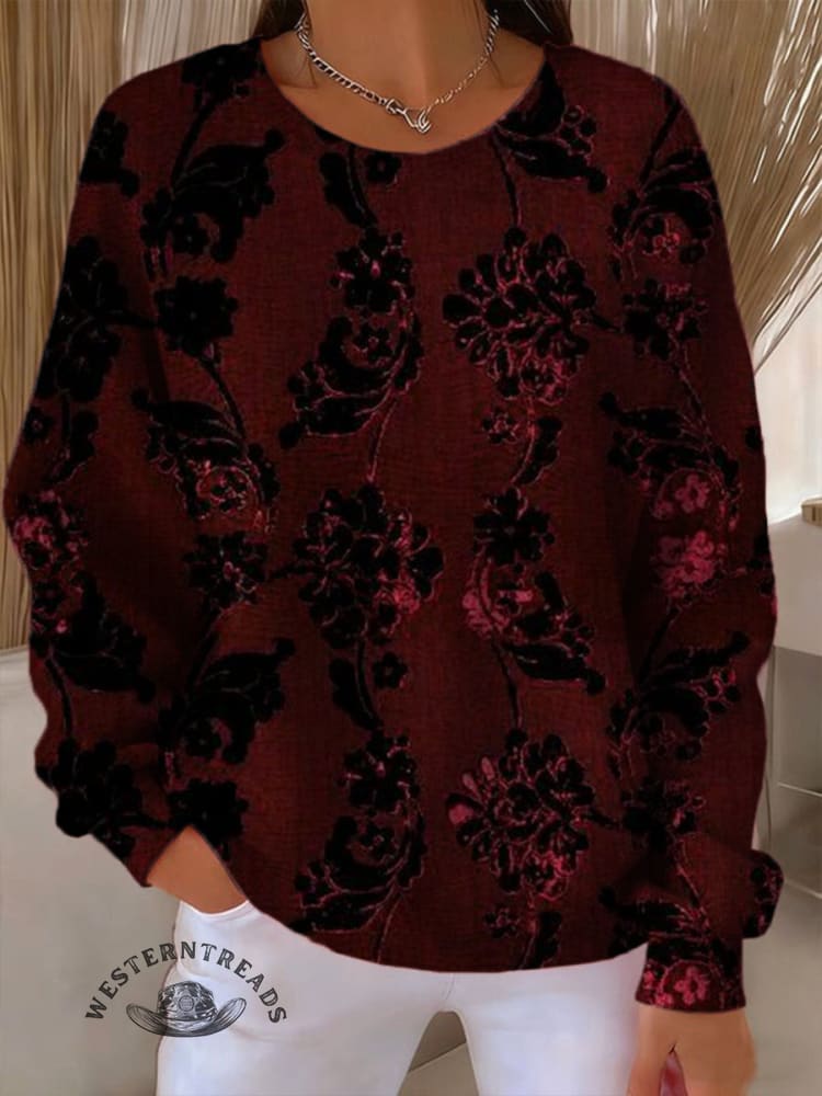 Vintage Flowers Prints Casual Cotton Sweatshirt