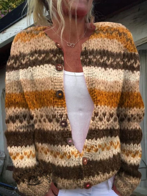 Retro Art Print Button Cardigan Sweater