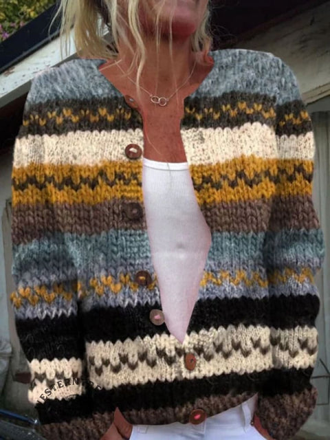 Retro Art Print Button Cardigan Sweater