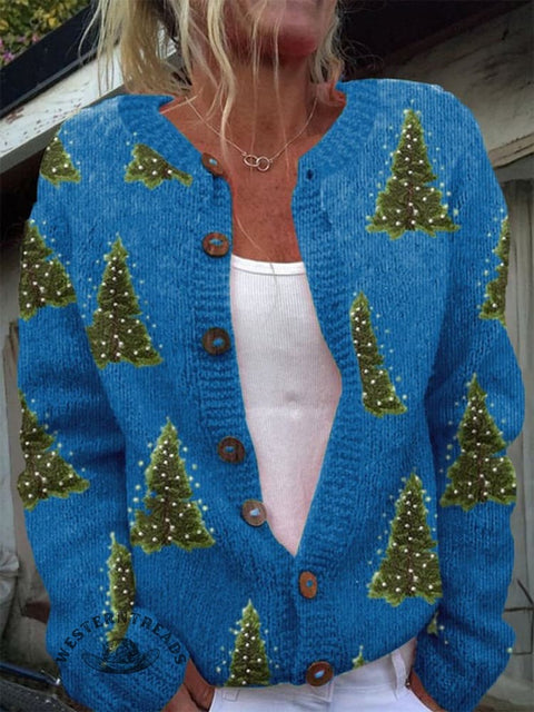 Retro Christmas Tree Art Print Button Cardigan Sweater