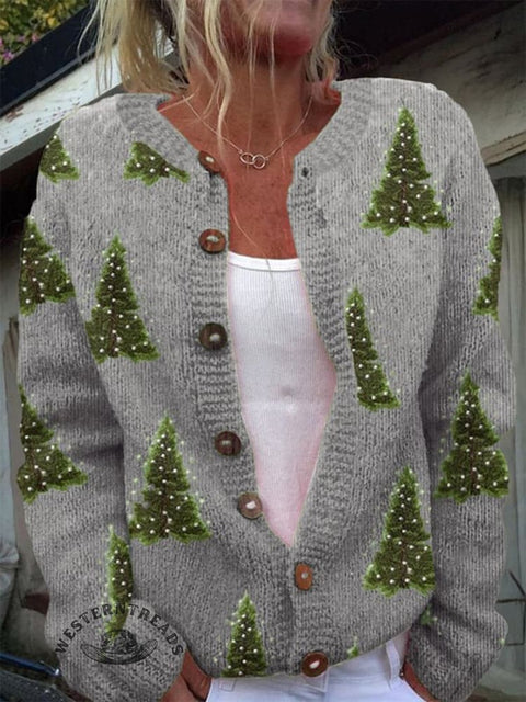 Retro Christmas Tree Art Print Button Cardigan Sweater