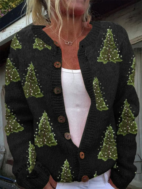 Retro Christmas Tree Art Print Button Cardigan Sweater