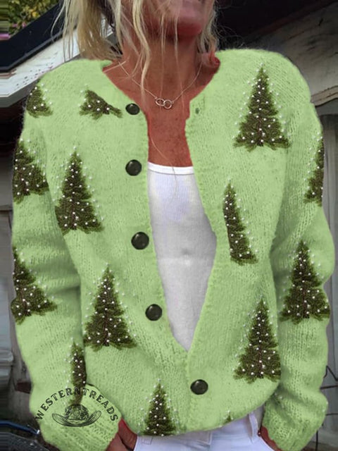 Retro Christmas Tree Art Print Button Cardigan Sweater