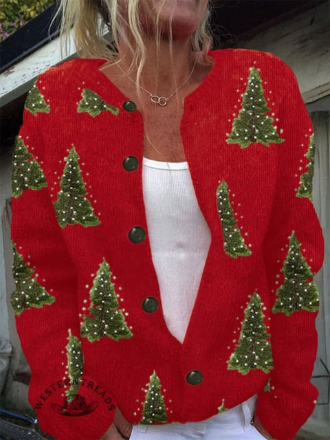 Retro Christmas Tree Art Print Button Cardigan Sweater