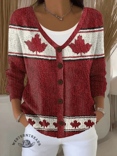 Maple Leaf Print Buttoned V-neck Cardigan Sweater