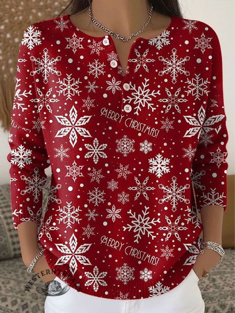 Retro Christmas Snowflakes Pattern Art Print Buttoned Cardigan Sweater