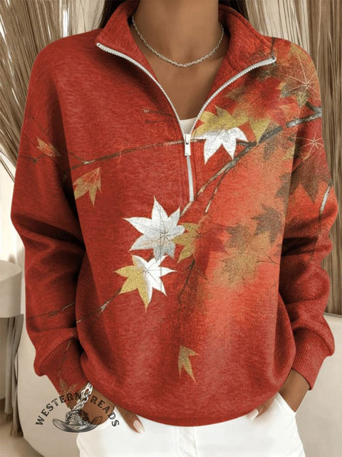 Thanksgiving Maple Leaf Print Casual Long Sleeve Zip Sweatshirt