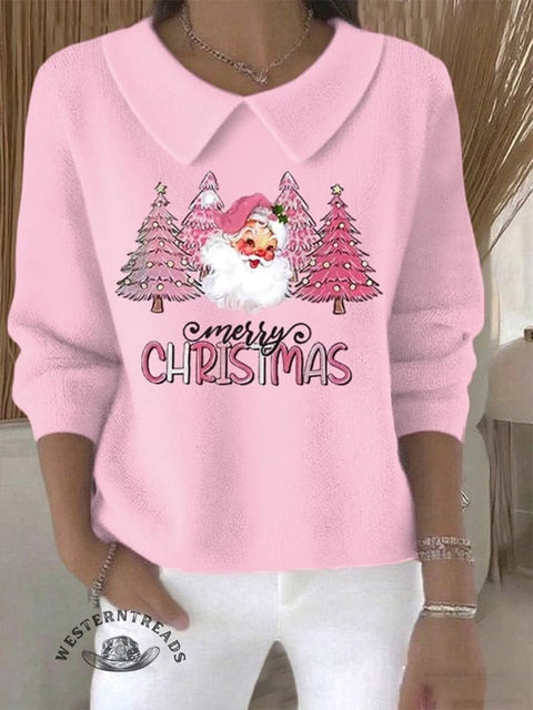 Christmas Santa Claus Pattern Art Print lapel Knit Pullover Sweater