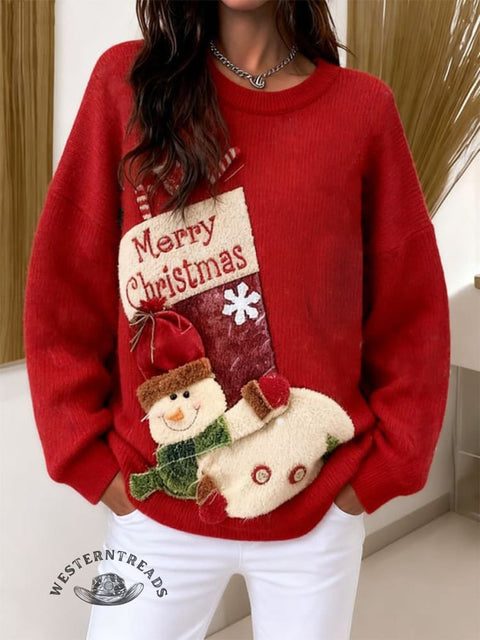 Christmas Stockings Snowman Doll Pocket Print Knit Pullover Sweater