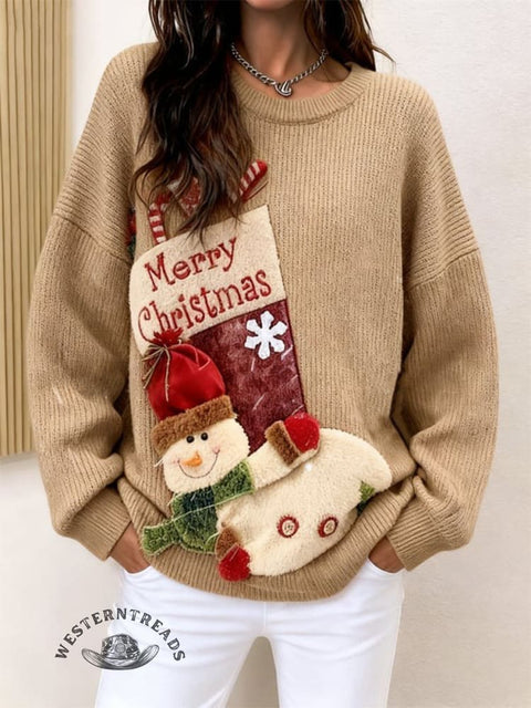 Christmas Stockings Snowman Doll Pocket Print Knit Pullover Sweater