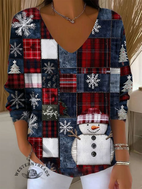 Women's Christmas Contrast Patchwork Art Print Casual Pullover Sweater