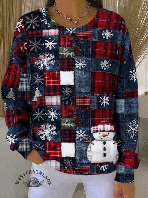 Christmas Contrast Patchwork Art Print Casual Cotton Sweatshirt
