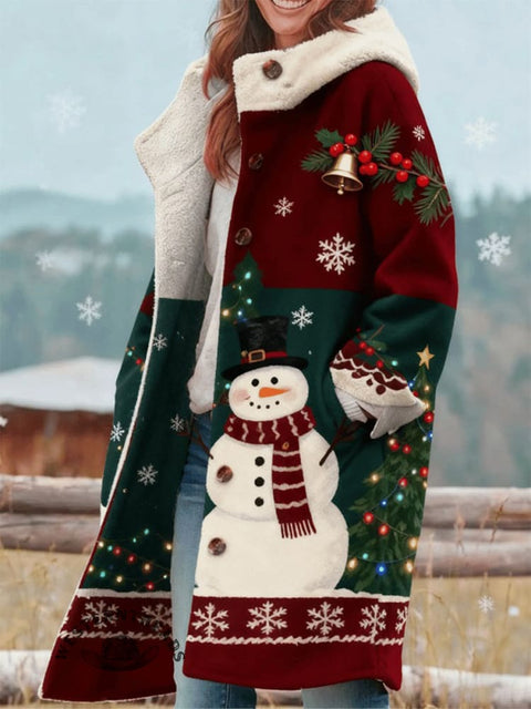 Christmas Snowman Print Plush Thick Long-Sleeved Hooded Coat