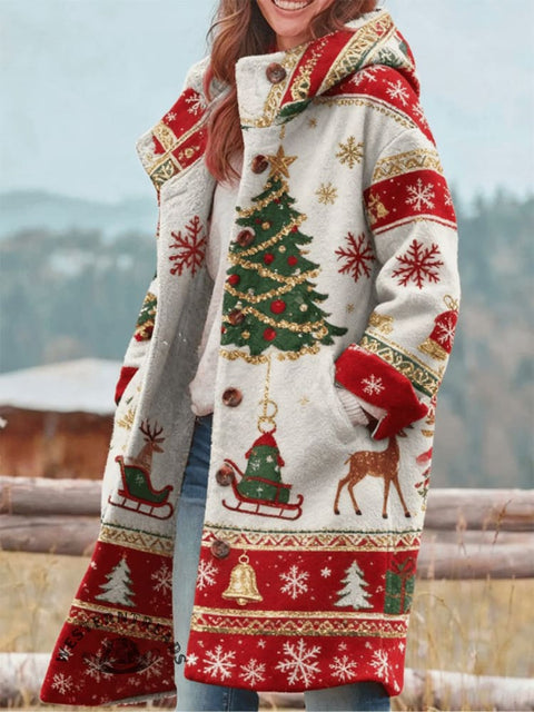Christmas Art Print Plush Thick Long-Sleeved Hooded Coat
