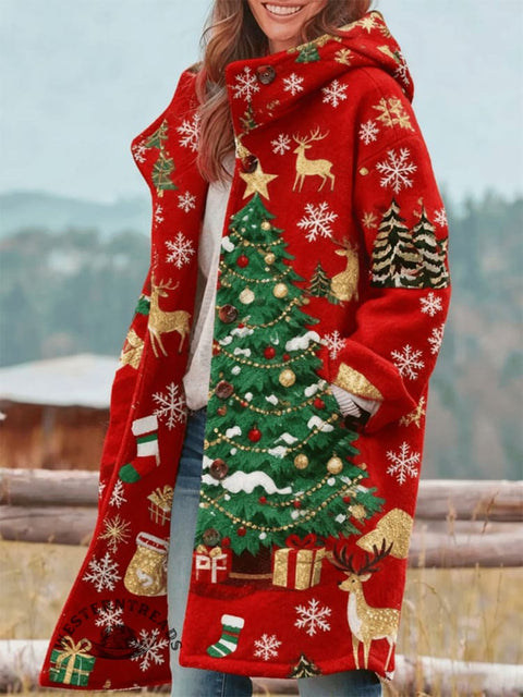 Christmas Tree Art Print Plush Thick Long-Sleeved Hooded Coat