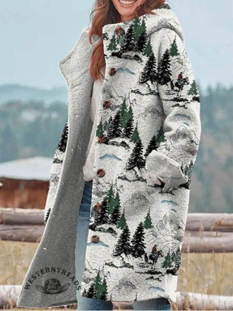 Christmas Tree Art Print Plush Thick Long-Sleeved Hooded Coat