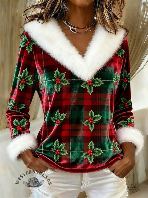 Women's Christmas Print Casual Christmas Fur Collar Top