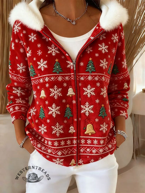 Christmas Print Unisex Plush Thick Long-Sleeved Cardigan Coat