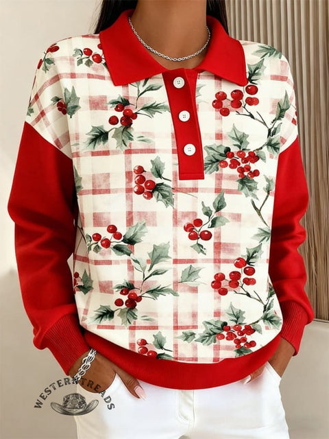 Women's Christmas Print Button-Down Lapel Sweatshirt