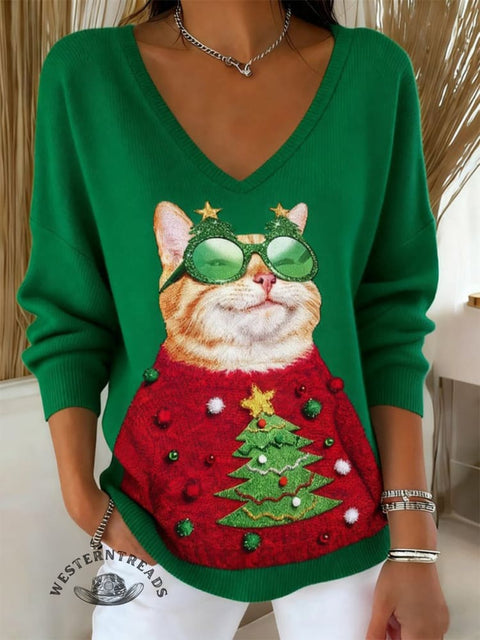 Women's Christmas Tree Cat Art Print Casual Pullover Sweater