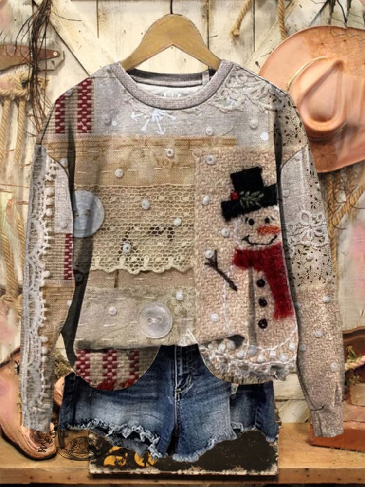 Christmas Snowman Print Casual Cotton Sweatshirt