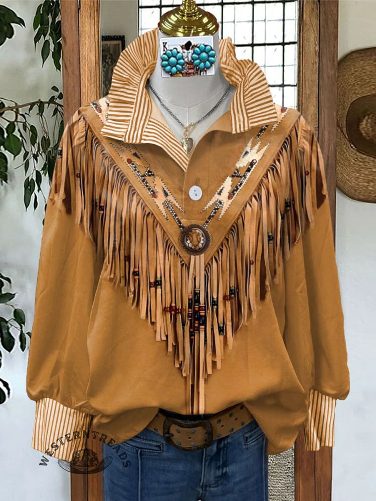 Women's Yellow Ethnic Geometry Art Print Casual Long Sleeve Comfortable Top