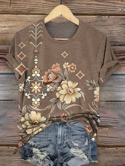 Brown Retro Flower Print T-shirt