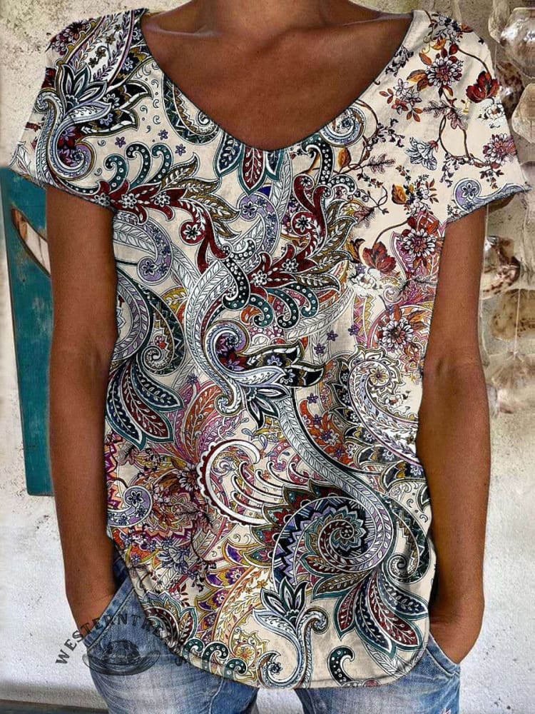 Perlis Vintage Flowers Print 100%Cotton Crew Tee T-Shirt