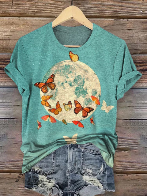 Retro Planet and Butterfly Pattern T-shirt
