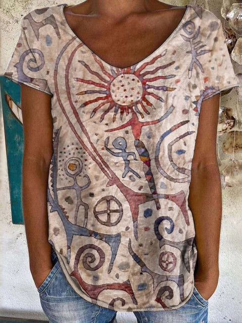 Retro Western Abstract Print 100%Cotton Crew Tee T-Shirt