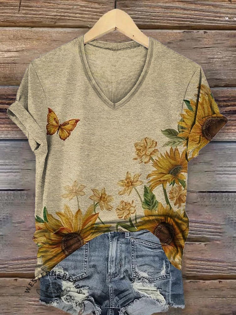 Sunflowers and Butterflies Women's V-neck Casual T-Shirt