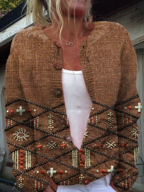 Imitation Hand-embroidered Visual Plaid Retro Print Buttoned Cardigan Sweater