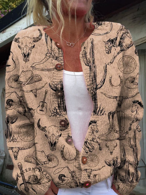 Western Bullhead Cactus Print Buttoned Cardigan Sweater