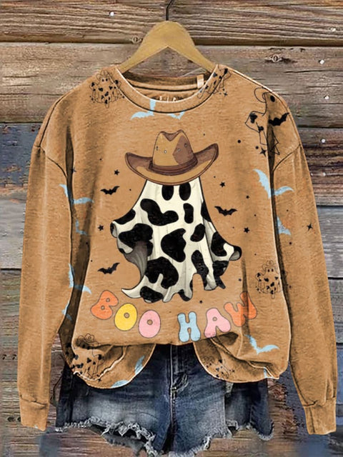 Halloween Cow Print Ghost Prints Casual Cotton Sweatshirt