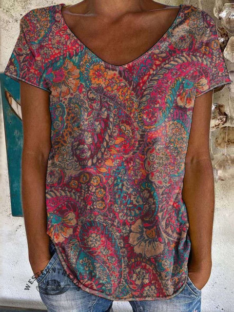 Retro Cashew Flower Print 100%Cotton Crew Tee T-Shirt