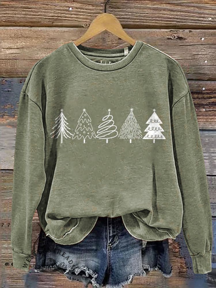 Christmas Tree Print Casual Cotton Sweatshirt
