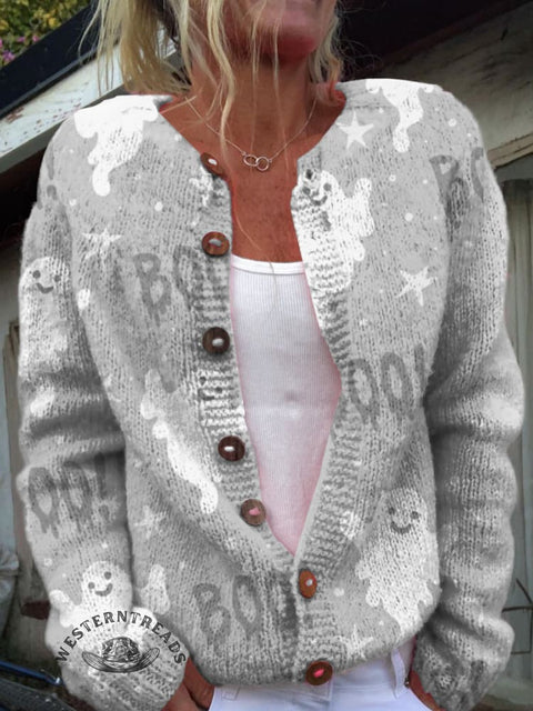 Halloween Ghost Print Buttoned Cardigan Sweater