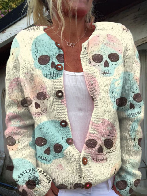 Halloween Colorful Skull Print Buttoned Cardigan Sweater