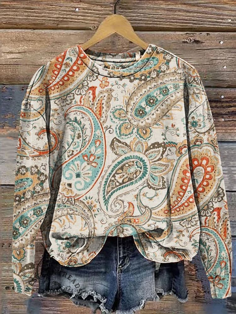 Vintage Cashew Flower Prints Casual Cotton Sweatshirt