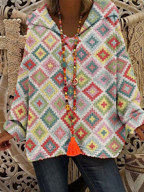 Christmas Colors Diamond Check Print Casual Knitted Hoodie Sweater