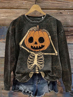 Halloween Cute Pumpkin Skull Prints Casual Cotton Sweatshirt